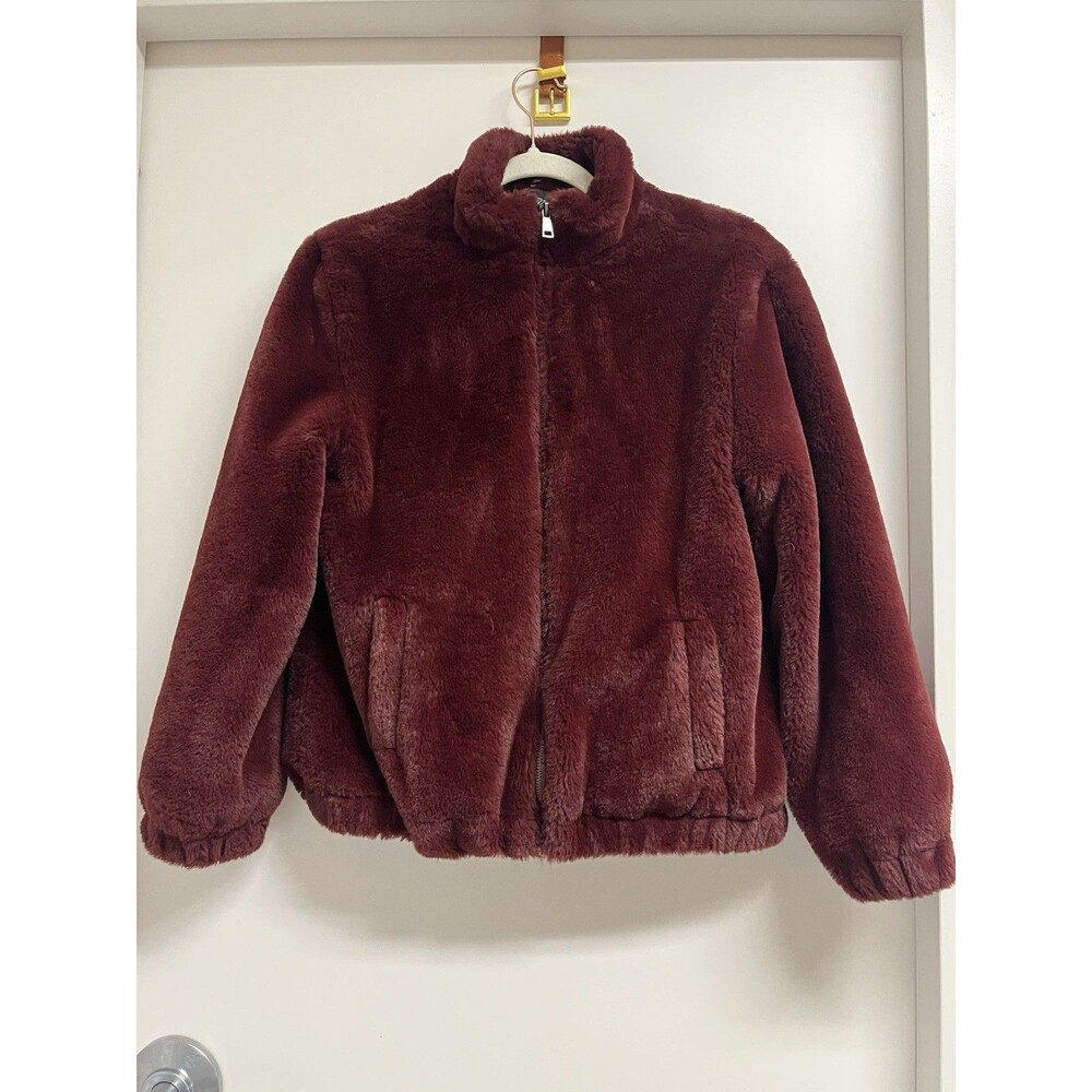 Cynthia Rowley Burgundy Faux Fur Bomber Jacket Small Glam Mob Wife Aesthetic